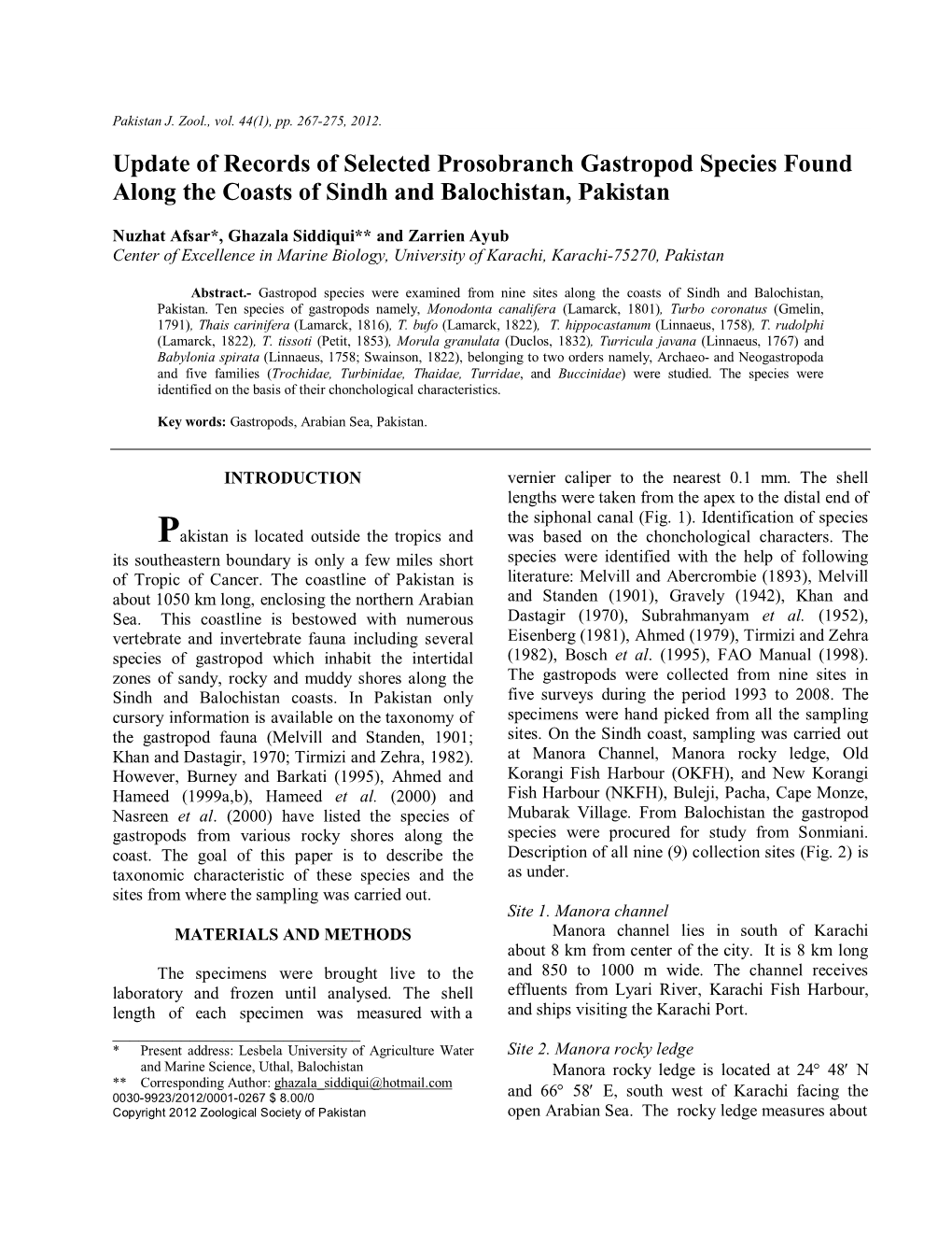 Update of Records of Selected Prosobranch Gastropod Species Found Along the Coasts of Sindh and Balochistan, Pakistan