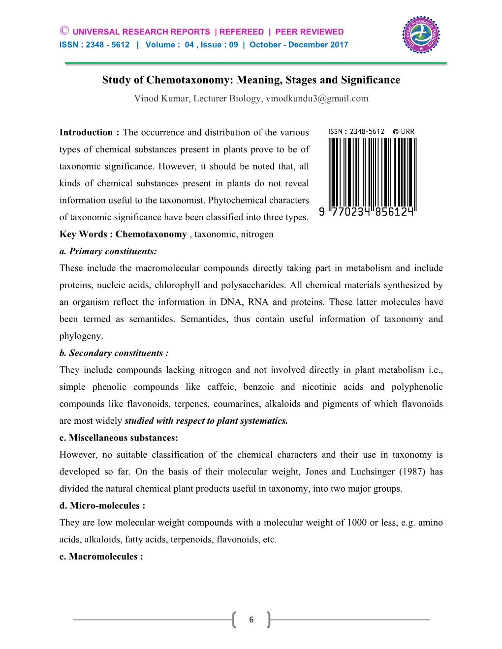 Study of Chemotaxonomy: Meaning, Stages and Significance Vinod Kumar, Lecturer Biology, Vinodkundu3@Gmail.Com