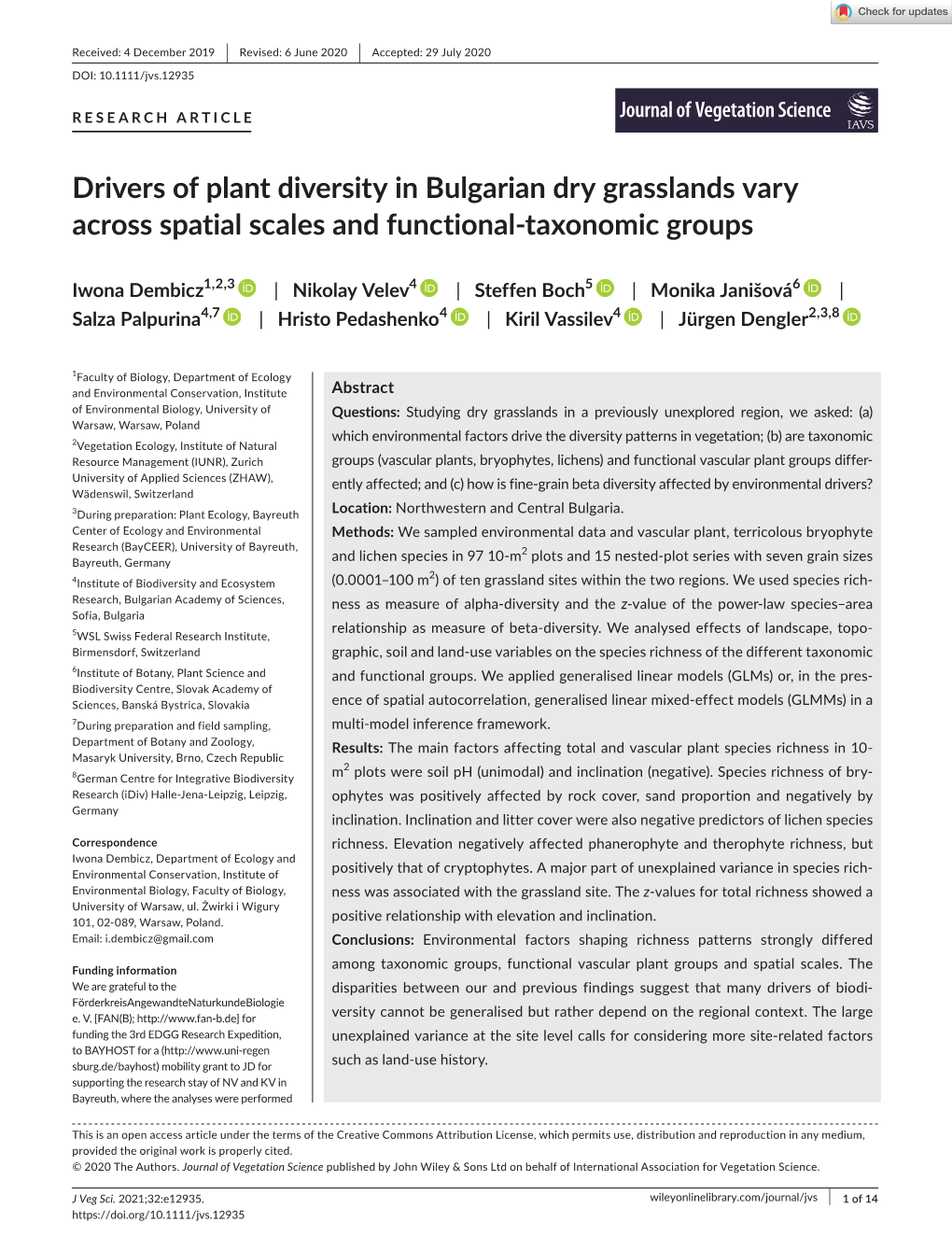 Drivers of Plant Diversity in Bulgarian Dry Grasslands Vary Across Spatial Scales and Functional‐Taxonomic Groups