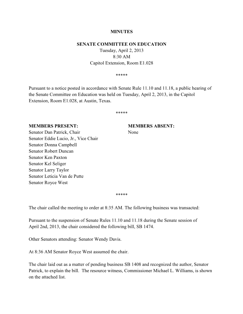 MINUTES SENATE COMMITTEE on EDUCATION Tuesday, April 2