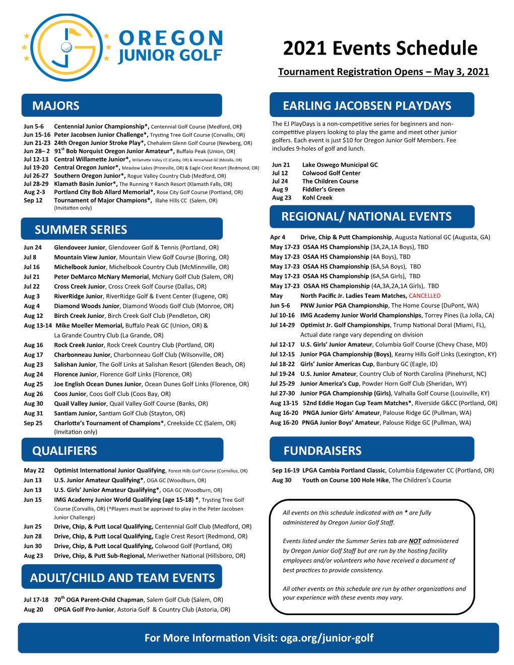 2021 Events Schedule Tournament Registration Opens – May 3, 2021