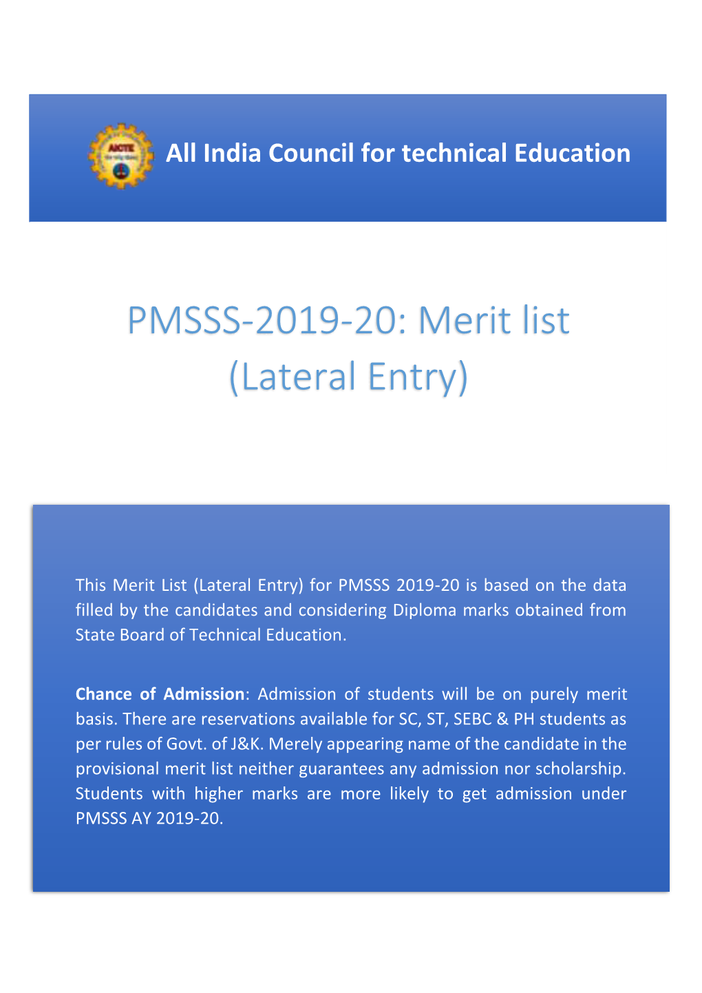 PMSSS-2019-20: Merit List (Lateral Entry)