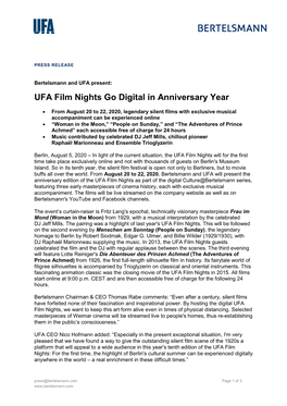 UFA Film Nights Go Digital in Anniversary Year