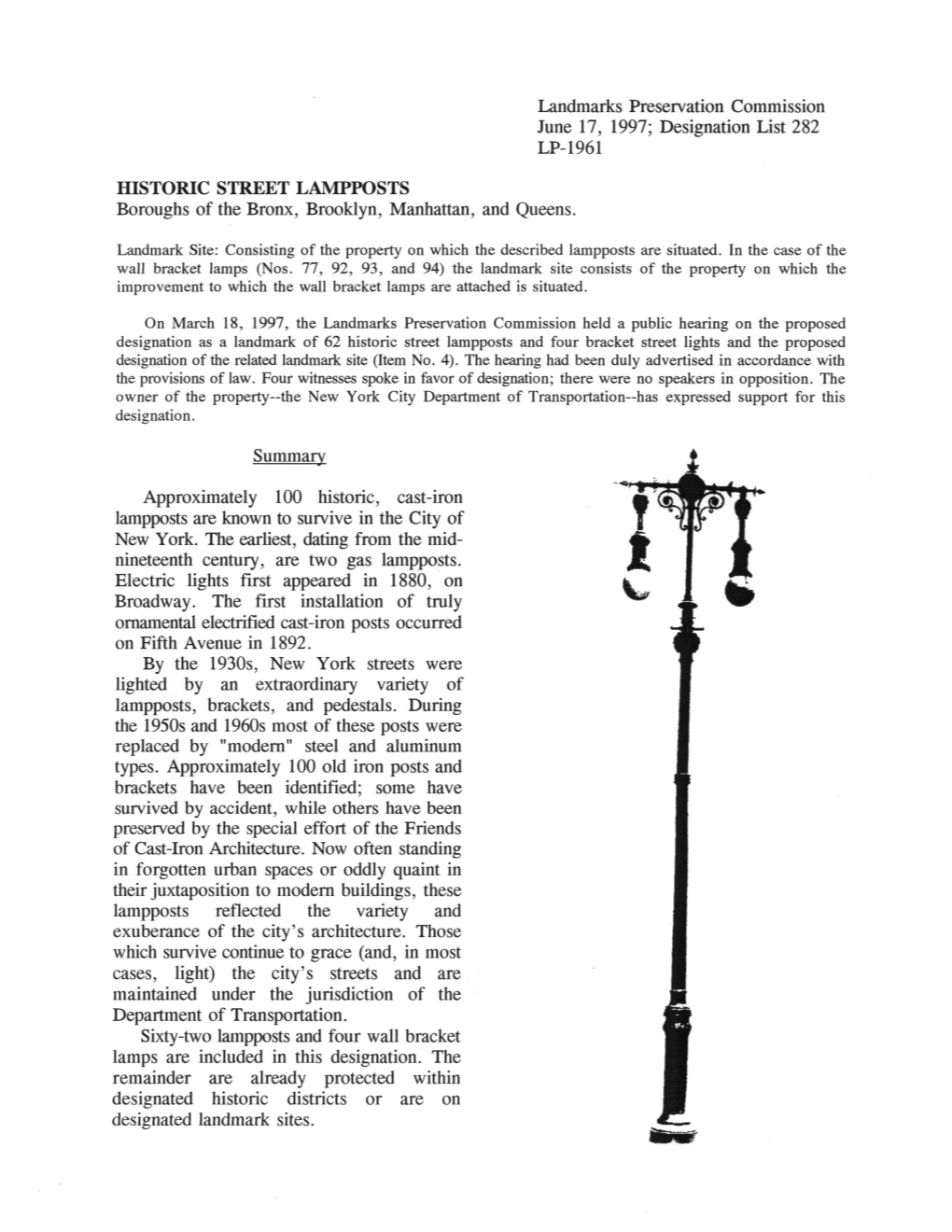 HISTORIC STREET LAMPPOSTS Boroughs of the Bronx, Brooklyn, Manhattan, and Queens