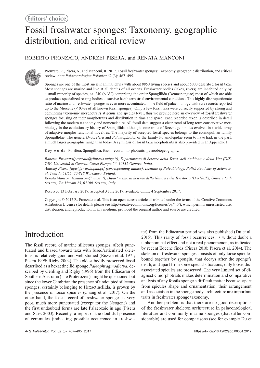 Fossil Freshwater Sponges: Taxonomy, Geographic Distribution, and Critical Review