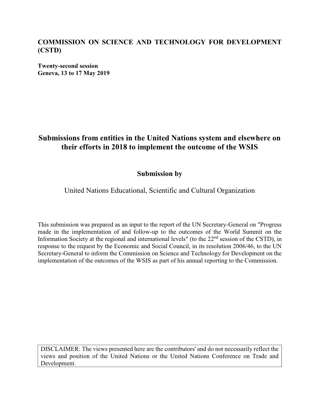 Contribution to the UN Secretary-General's 2018 Report on WSIS Implementation and Follow-Up by the United Nations Educationa