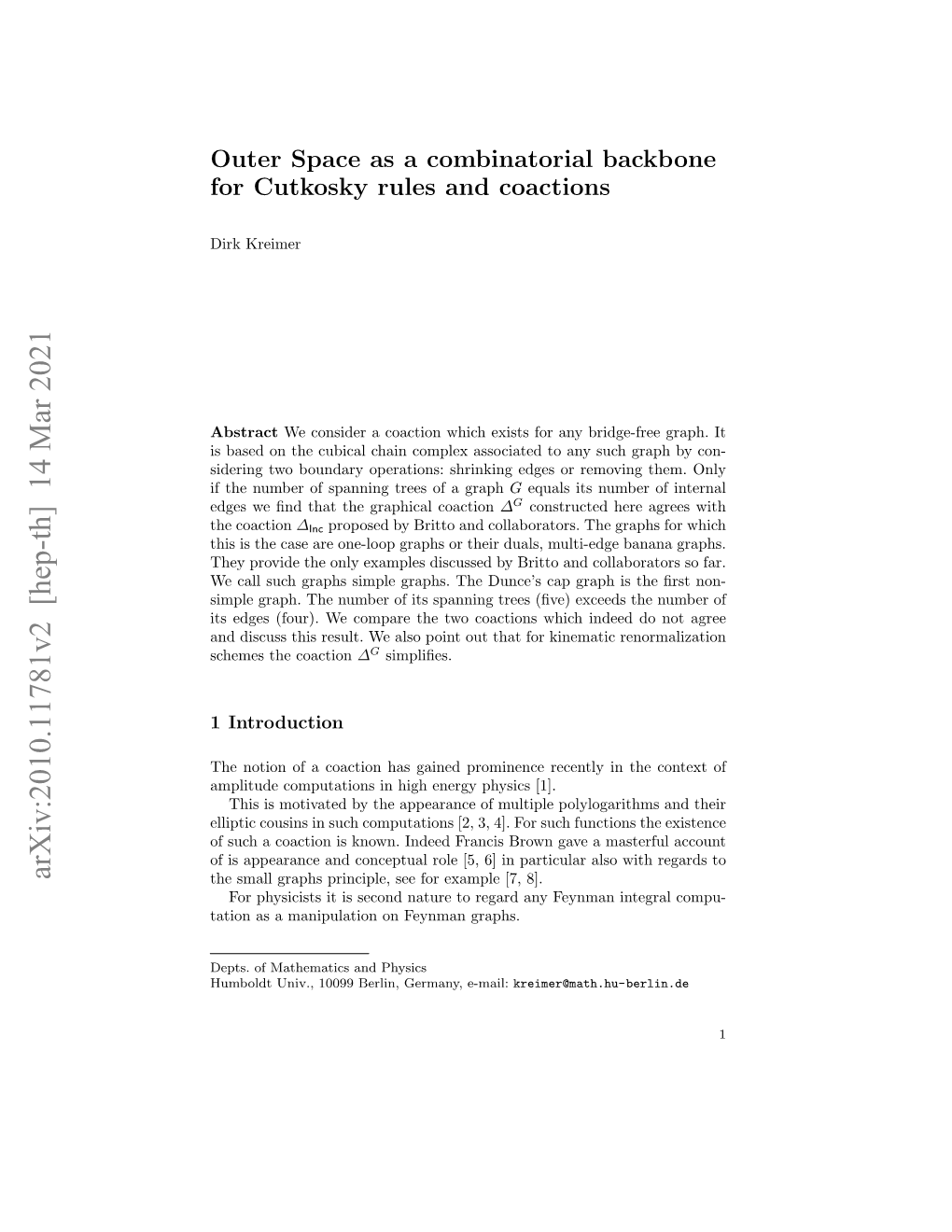 Arxiv:2010.11781V2 [Hep-Th] 14 Mar 2021 the Small Graphs Principle, See for Example [7, 8]