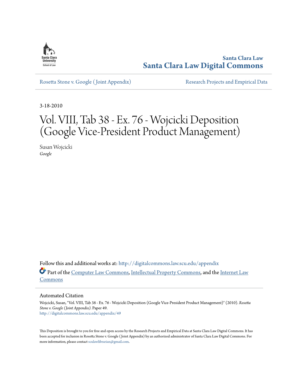 Wojcicki Deposition (Google Vice-President Product Management) Susan Wojcicki Google