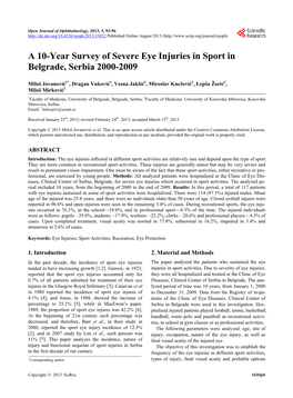 A 10-Year Survey of Severe Eye Injuries in Sport in Belgrade, Serbia 2000-2009