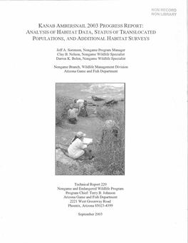 Kanab Ambersnail 2003 Progress Report: Analysis of Habitat Data, Status of Translocated Populations, and Additional Habitat Surveys
