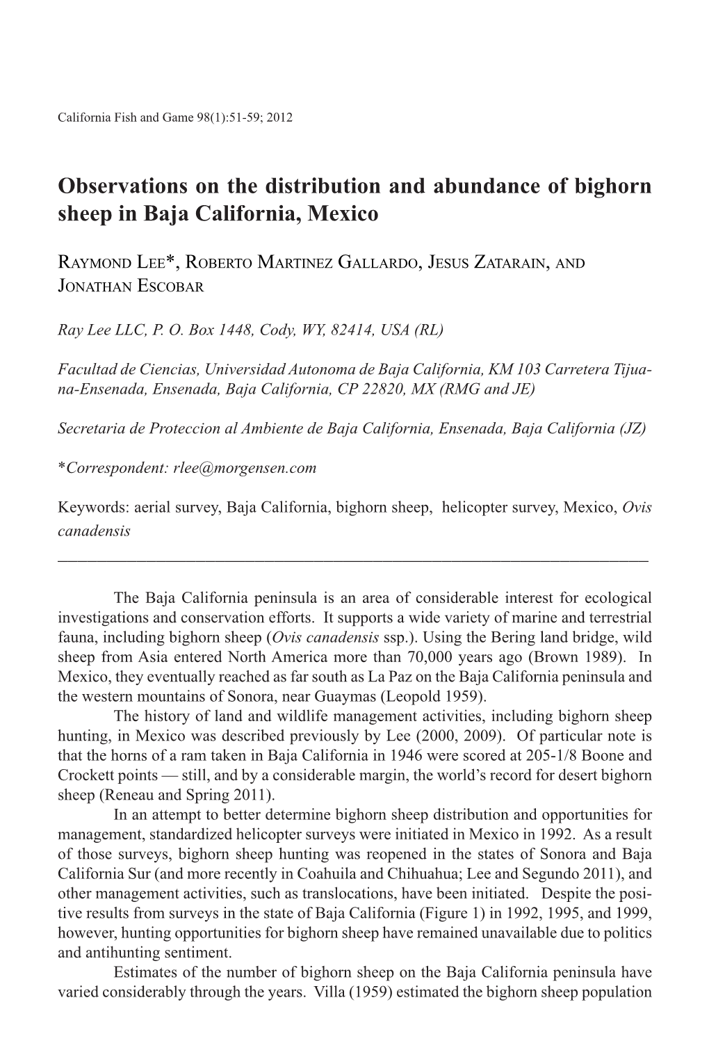 Observations on the Distribution and Abundance of Bighorn Sheep in Baja California, Mexico