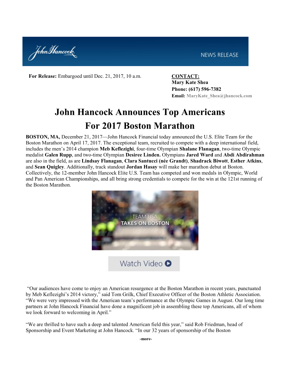 John Hancock Announces Top Americans for 2017 Boston Marathon