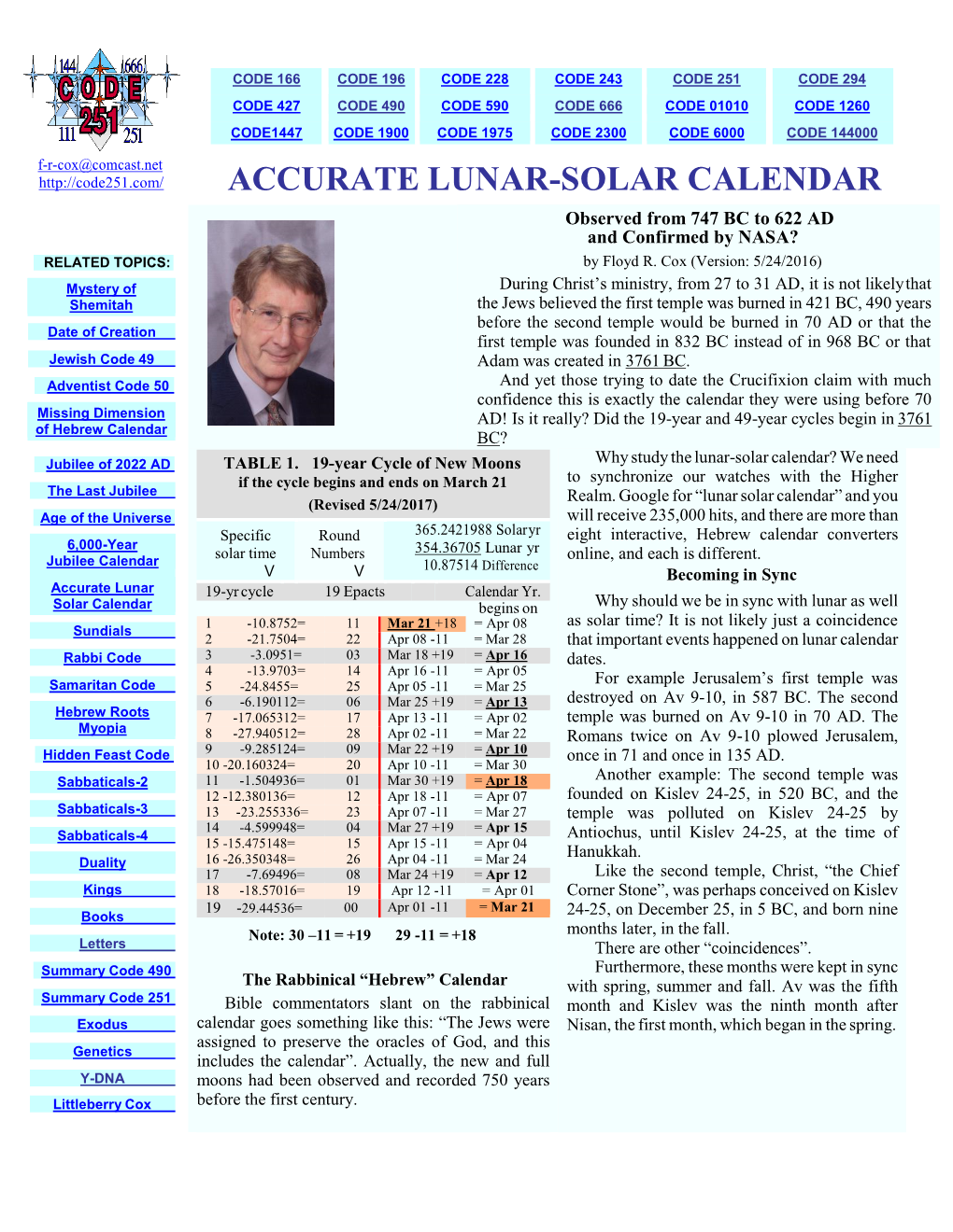 ACCURATE LUNAR-SOLAR CALENDAR Observed from 747 BC to 622 AD and Confirmed by NASA? RELATED TOPICS: by Floyd R