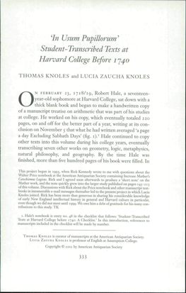 Student-Transcribed Texts at Harvard College Before