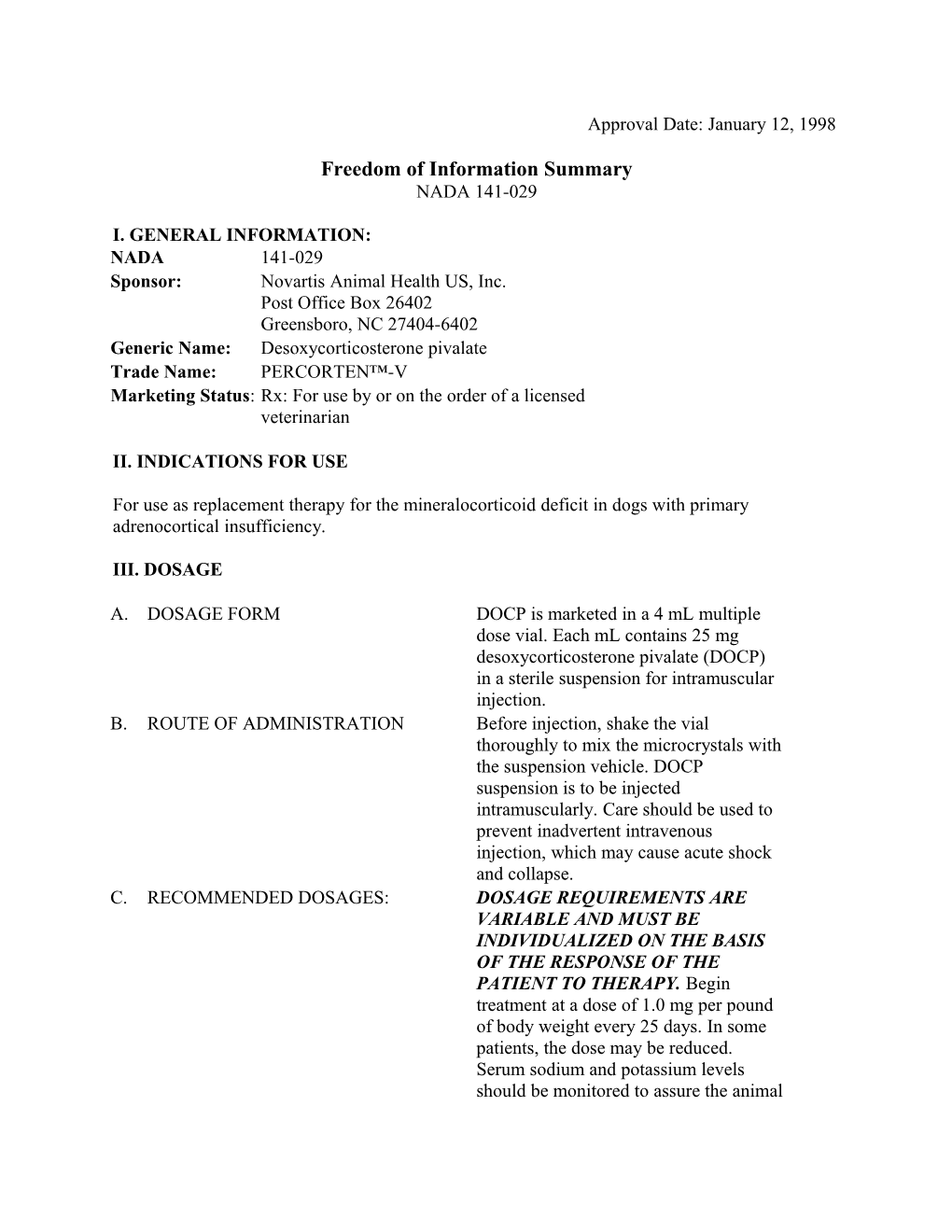 Freedom of Information Summary NADA 141-029