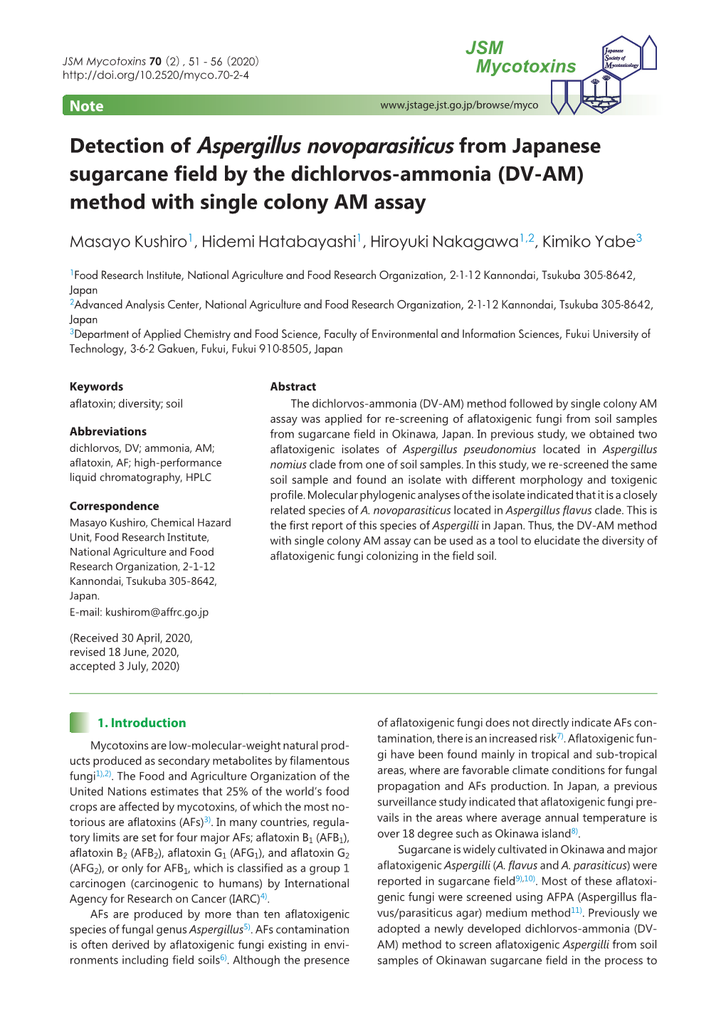 Detection of Aspergillus Novoparasiticus from Japanese Sugarcane Field by the Dichlorvos-Ammonia (DV-AM) Method with Single Colony AM Assay