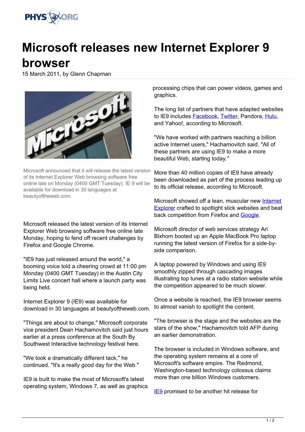 Microsoft Releases New Internet Explorer 9 Browser 15 March 2011, by Glenn Chapman