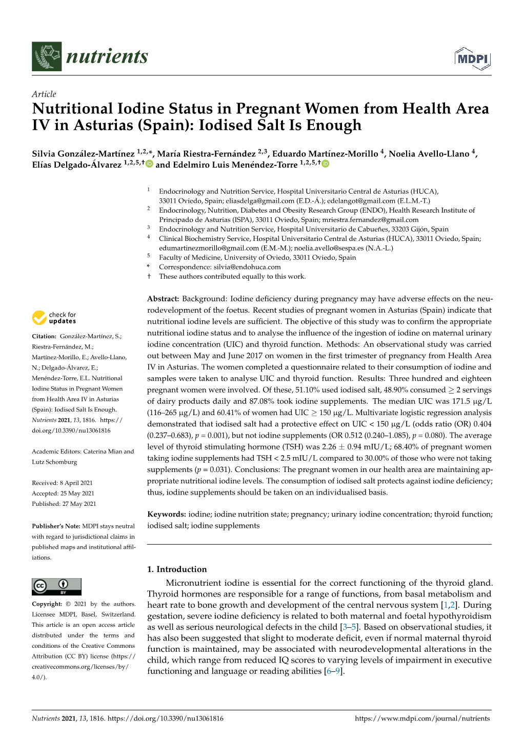 Nutritional Iodine Status in Pregnant Women from Health Area IV in Asturias (Spain): Iodised Salt Is Enough