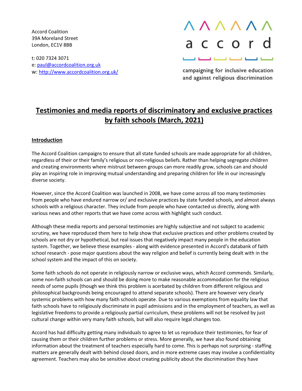 Testimonies and Media Reports of Discriminatory and Exclusive Practices by Faith Schools (March, 2021)