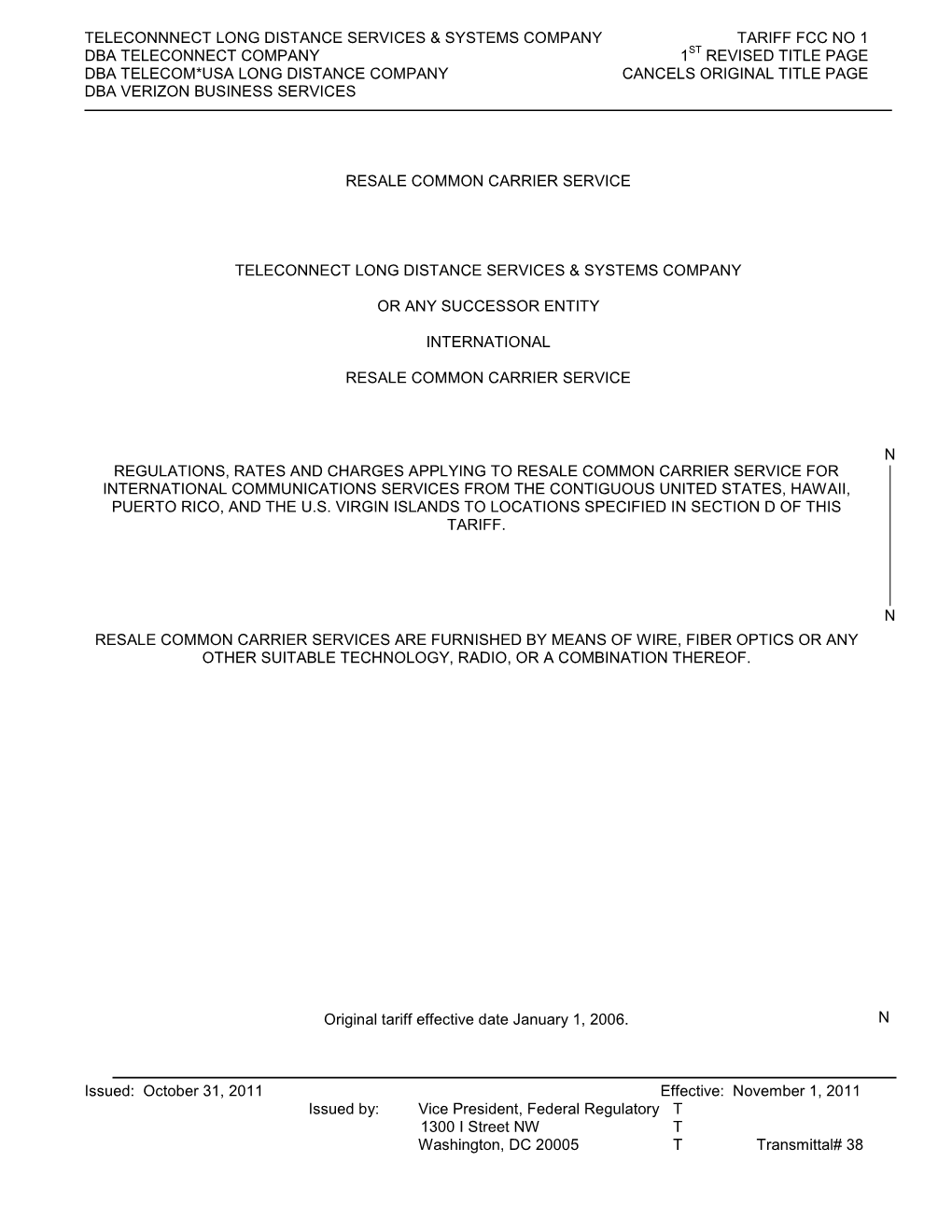 Teleconnnect Long Distance Services & Systems Company Tariff Fcc No 1 Dba Teleconnect Company 1St Revised Title Page Dba Te