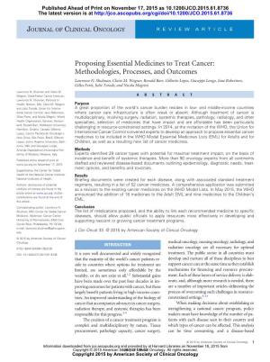 Proposing Essential Medicines to Treat Cancer: Methodologies, Processes, and Outcomes Lawrence N