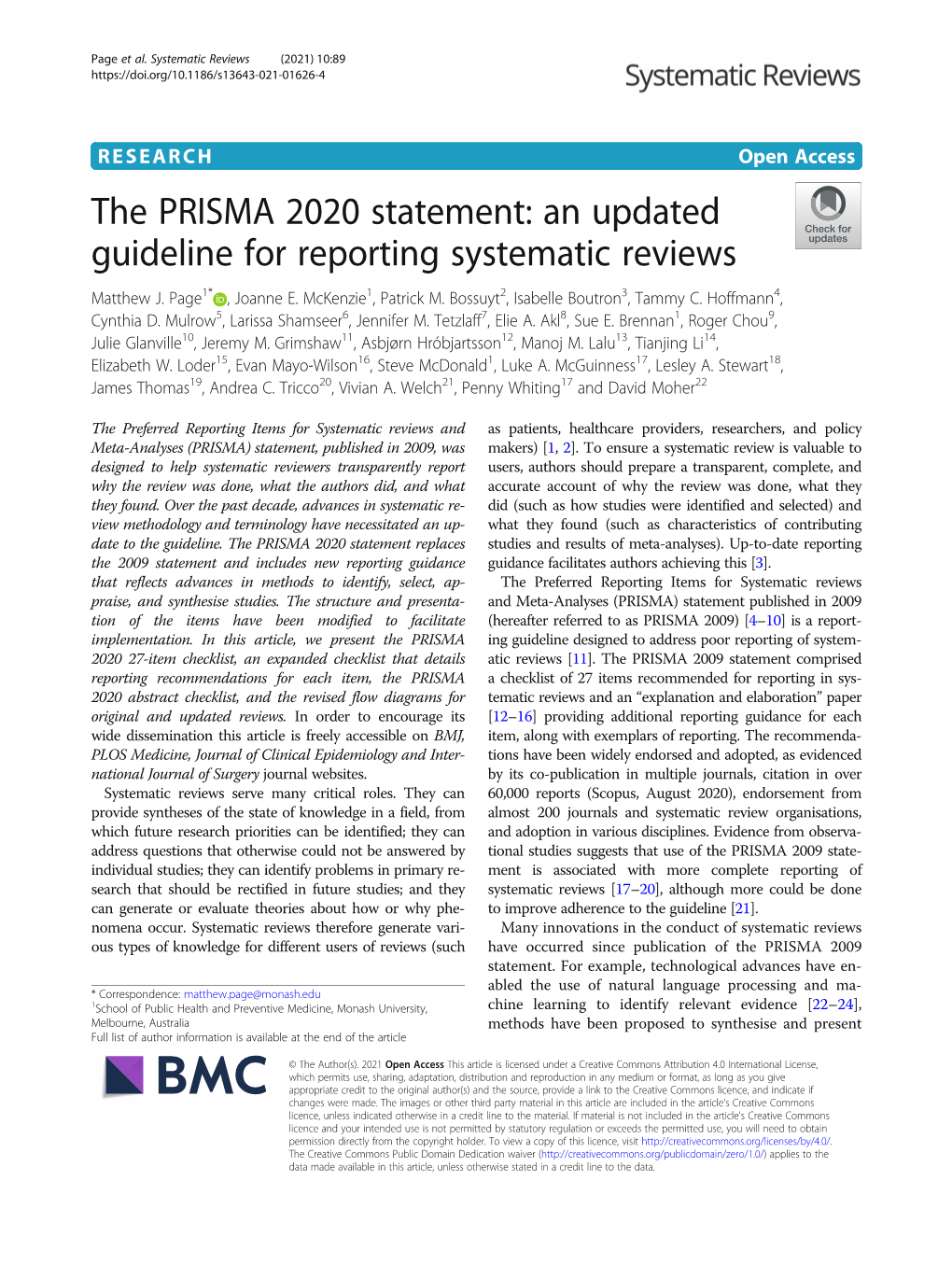 The PRISMA 2020 Statement: an Updated Guideline for Reporting Systematic Reviews Matthew J