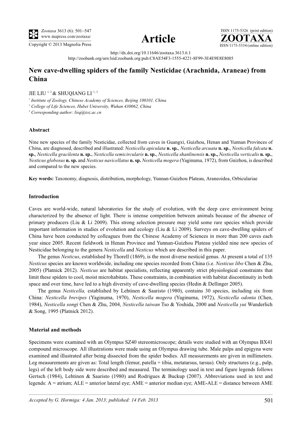 New Cave-Dwelling Spiders of the Family Nesticidae (Arachnida, Araneae) from China