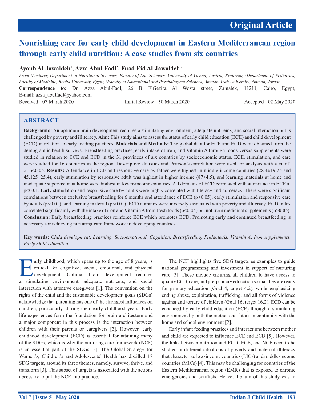 Nourishing Care for Early Child Development in Eastern Mediterranean Region Through Early Child Nutrition: a Case Studies from Six Countries