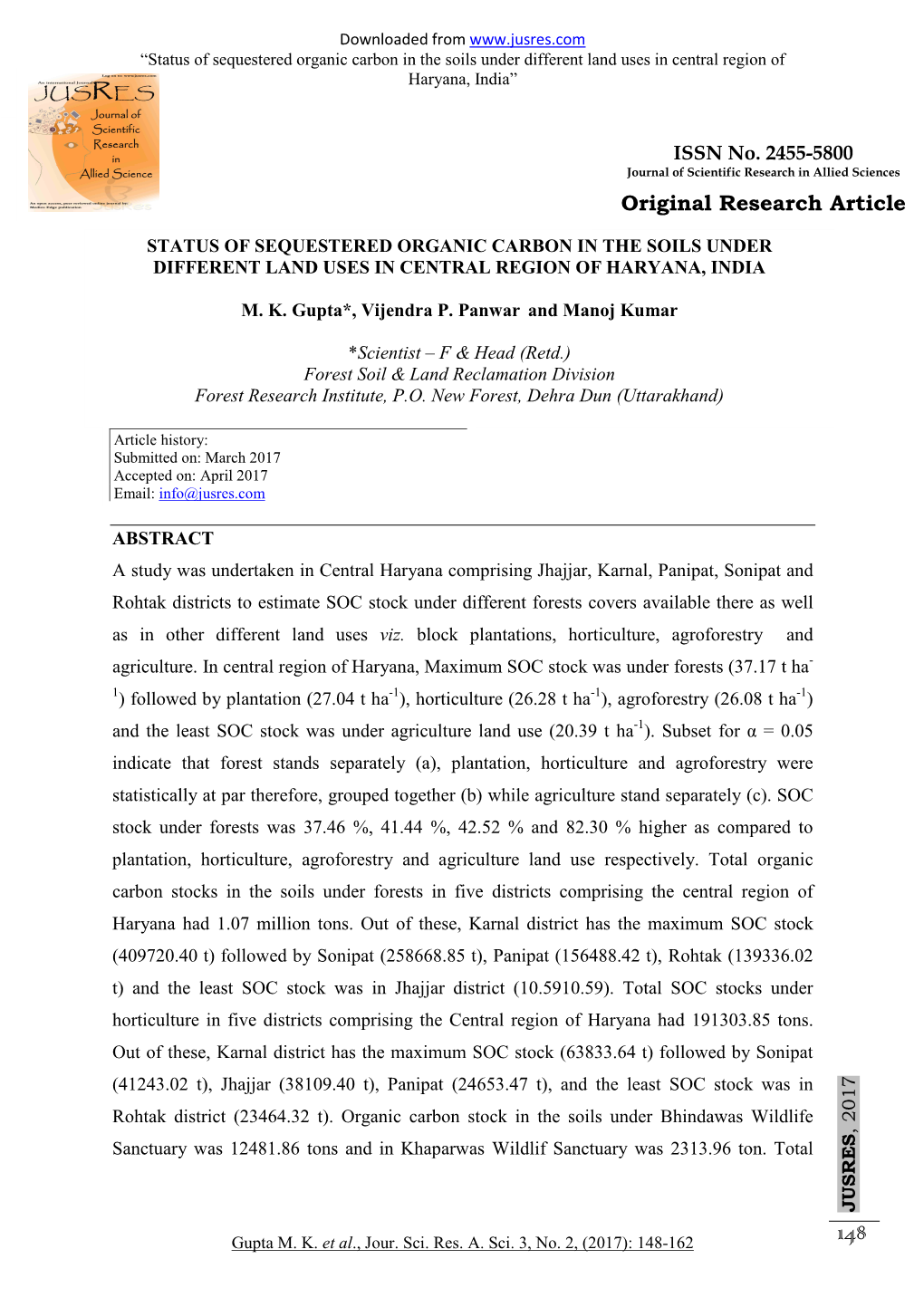 72 Status of Sequestered Organic Carbon in the Soils