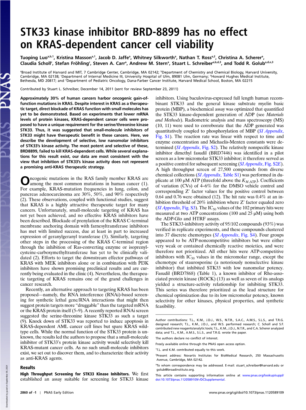 STK33 Kinase Inhibitor BRD-8899 Has No Effect on KRAS-Dependent Cancer Cell Viability