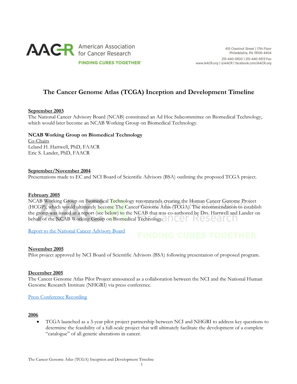 The Cancer Genome Atlas (TCGA) Inception and Development Timeline