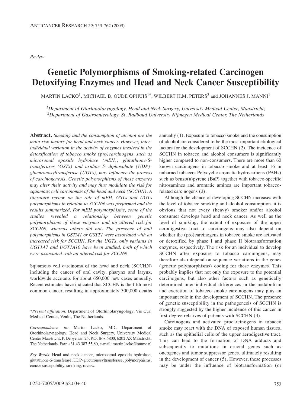 Genetic Polymorphisms of Smoking-Related Carcinogen Detoxifying Enzymes and Head and Neck Cancer Susceptibility