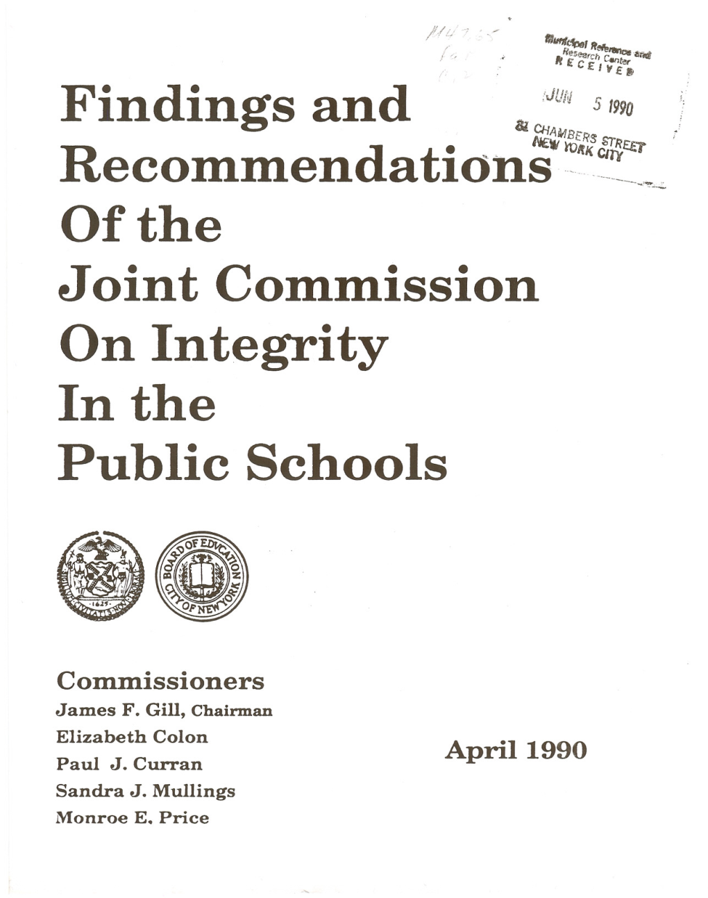 Findings and of the Joint Commission on Integrity in the Public Schools