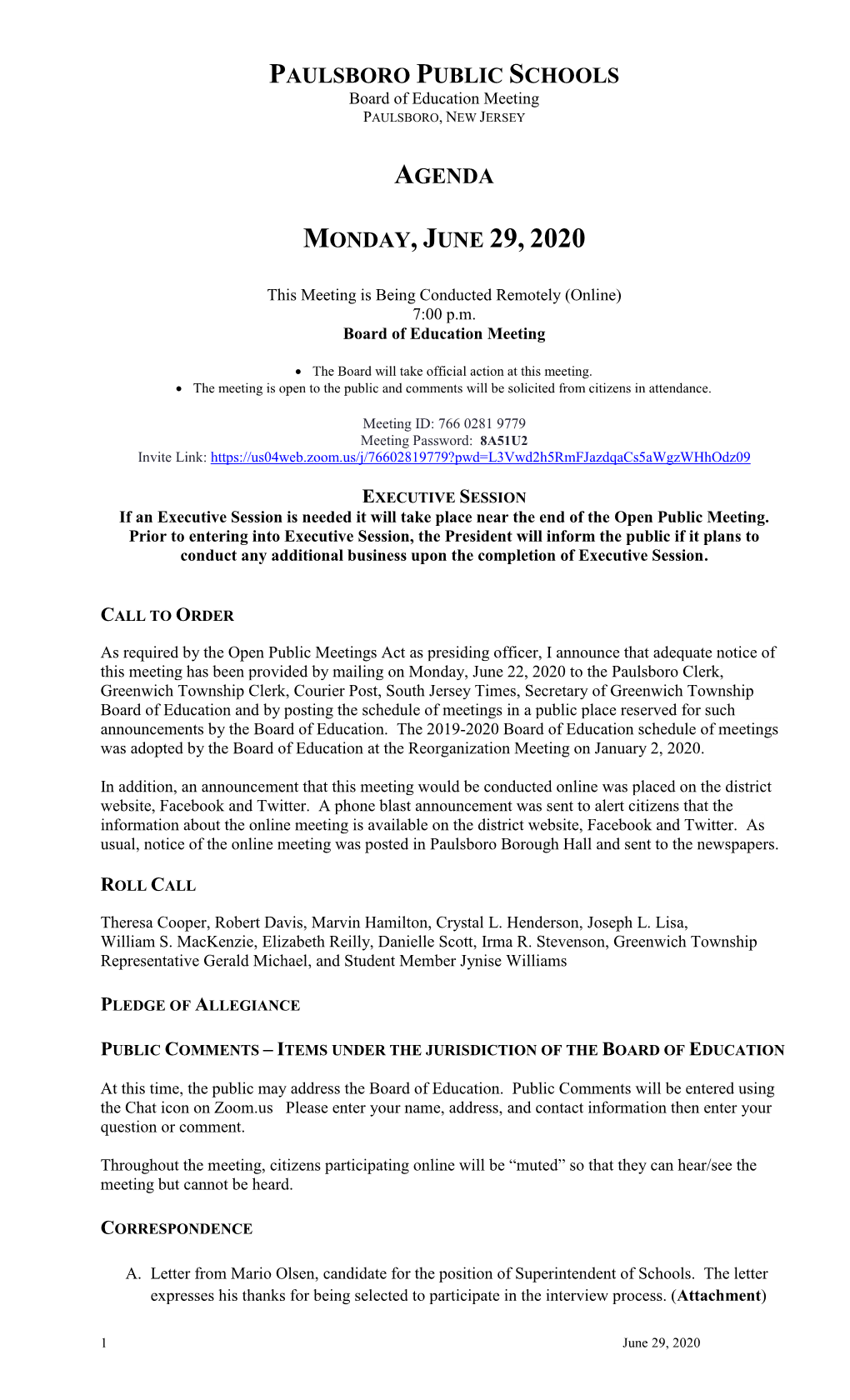 PAULSBORO PUBLIC SCHOOLS Board of Education Meeting PAULSBORO, NEW JERSEY