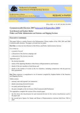 Commonwealth Election 2007 (Reissued 10 September 2009) Scott Bennett and Stephen Barber Politics and Public Administration and Statistics and Mapping Sections