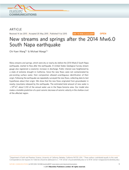 New Streams and Springs After the 2014 Mw6.0 South Napa Earthquake