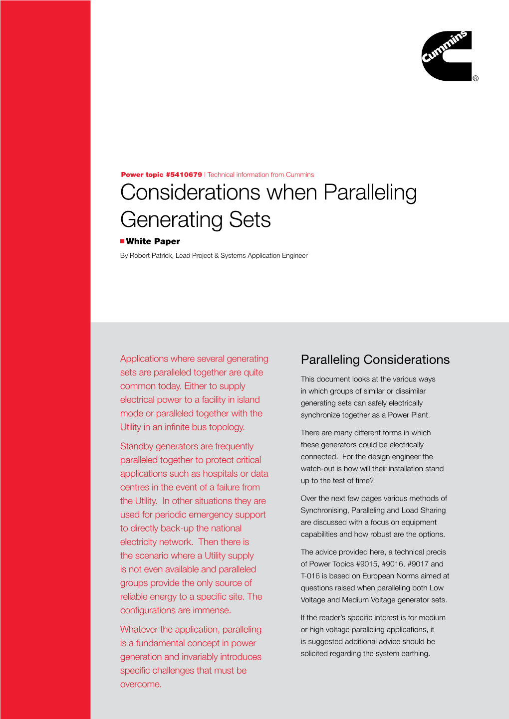 Considerations When Paralleling Generating Sets White Paper by Robert Patrick, Lead Project & Systems Application Engineer