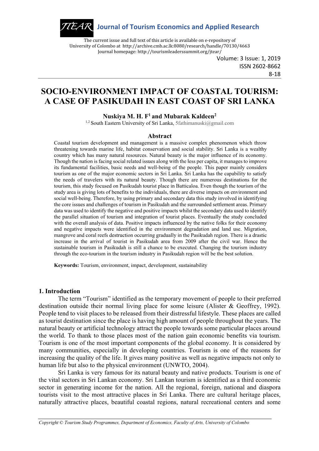 Socio-Environment Impact of Coastal Tourism: a Case of Pasikudah in East Coast of Sri Lanka