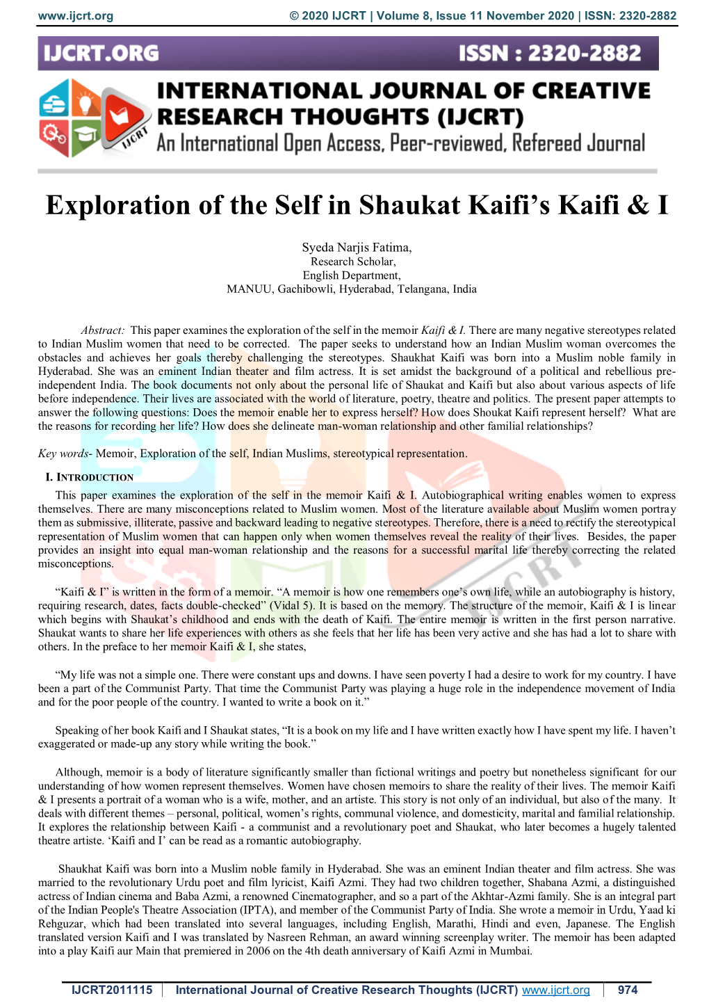 Exploration of the Self in Shaukat Kaifi's Kaifi & I