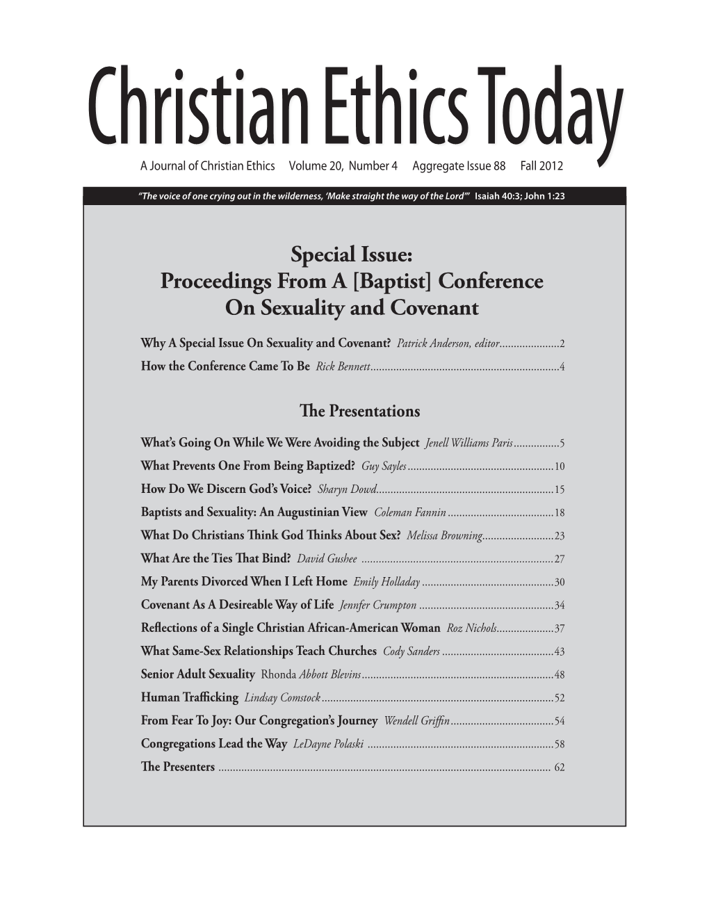 Special Issue: Proceedings from a [Baptist] Conference on Sexuality and Covenant