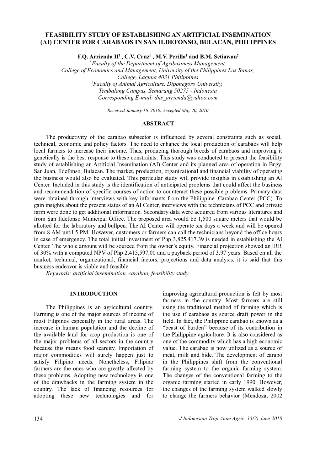 Feasibility Study of Establishing an Artificial Insemination (Ai) Center for Carabaos in San Ildefonso, Bulacan, Philippines