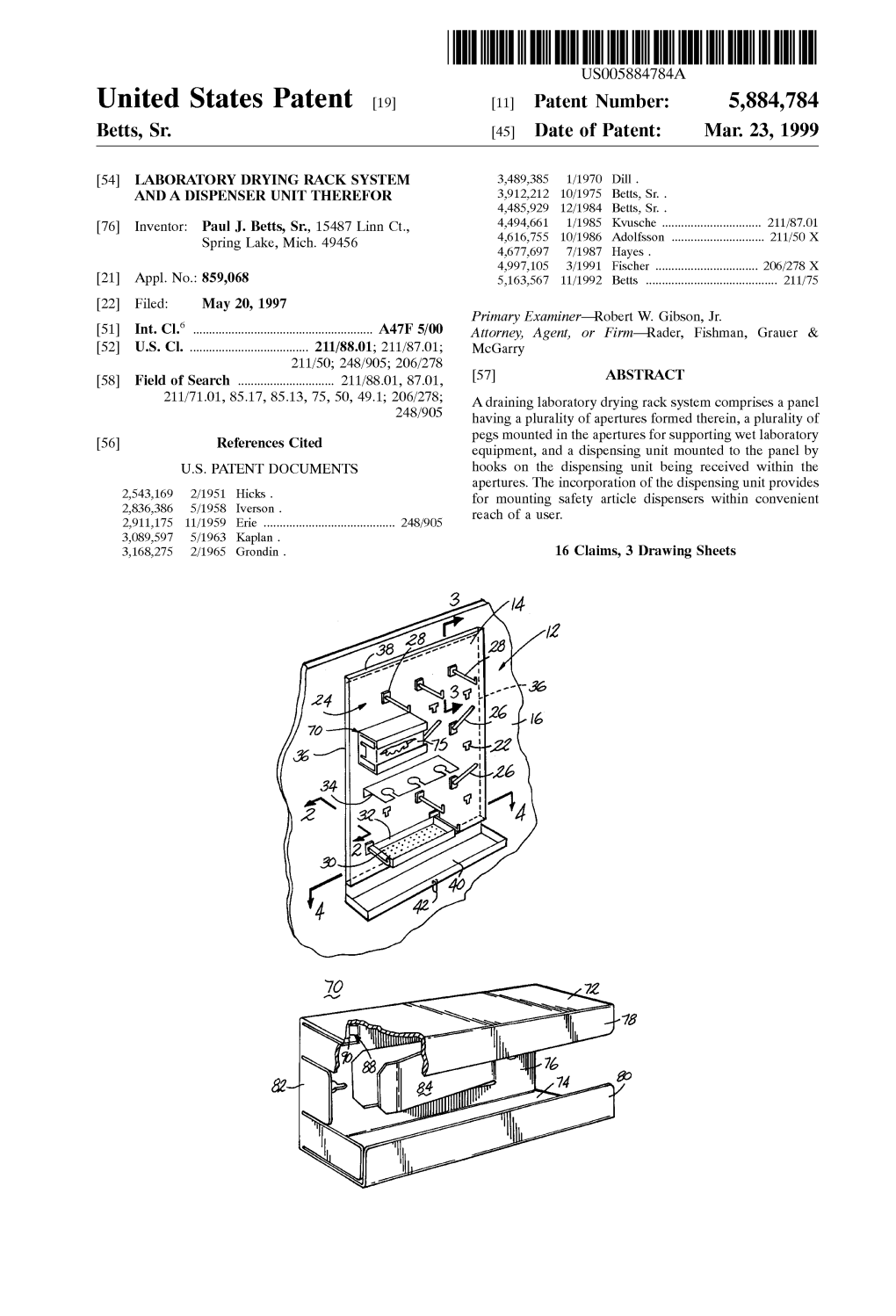 United States Patent (19) 11 Patent Number: 5,884,784 Betts, Sr