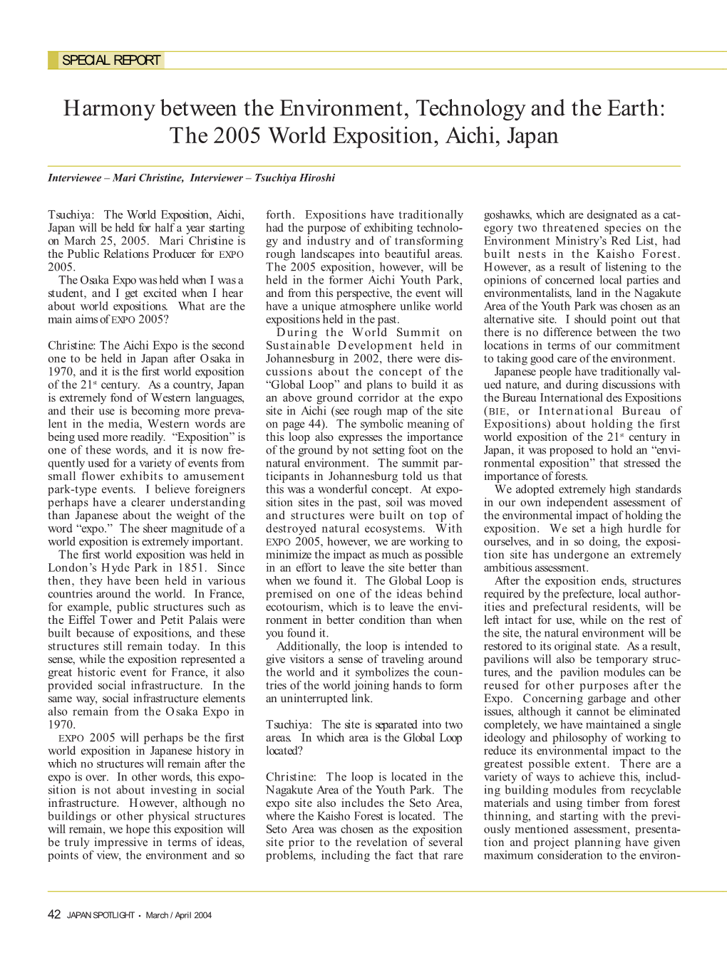 Harmony Between the Environment, Technology and the Earth: the 2005 World Exposition, Aichi, Japan