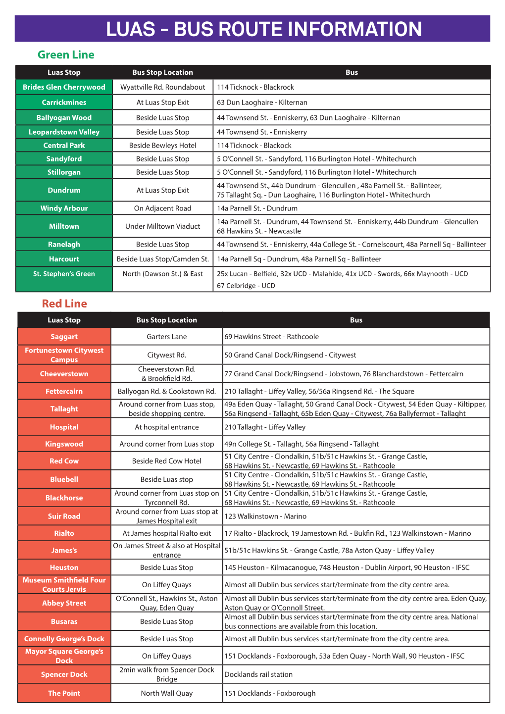 BUS ROUTE INFORMATION Green Line