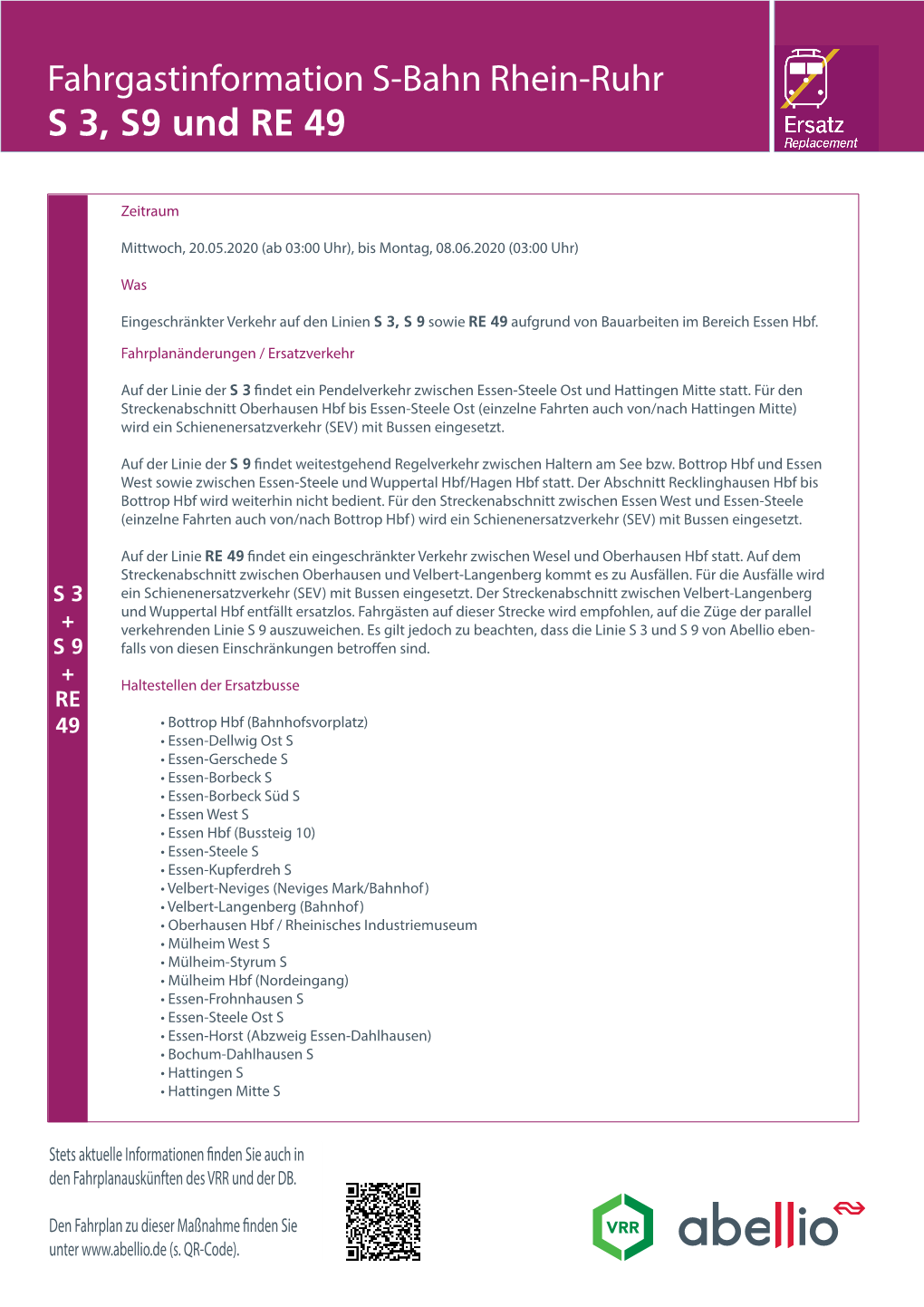 Fahrgastinformation S-Bahn Rhein-Ruhr S 3, S9 Und RE 49