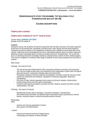 Undergraduate Study Programme, 1St Bologna Cycle Conservation Biology (Bi-18)