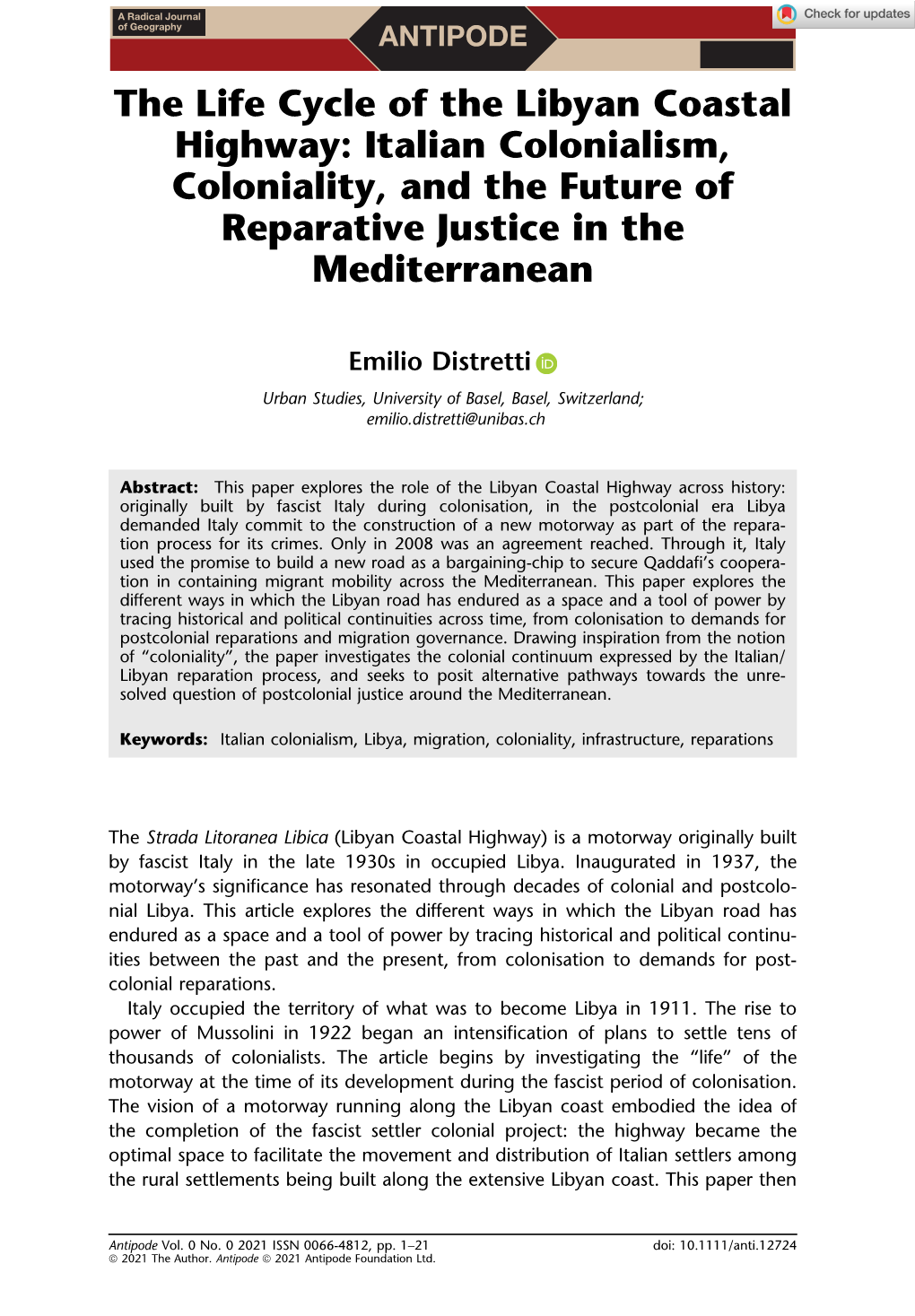 The Life Cycle of the Libyan Coastal Highway: Italian Colonialism, Coloniality, and the Future of Reparative Justice in the Mediterranean