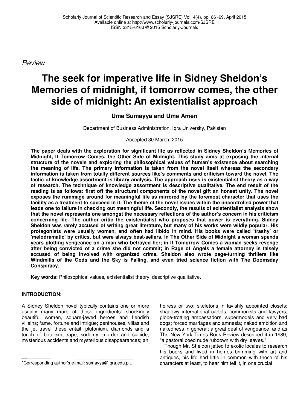 The Seek for Imperative Life in Sidney Sheldon's