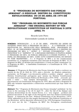 O “Programa Do Movimento Das Forças Armadas”: O Singular Destino Da Constituição Revolucionária Do 25 De Abril De 1974 Em Portugal