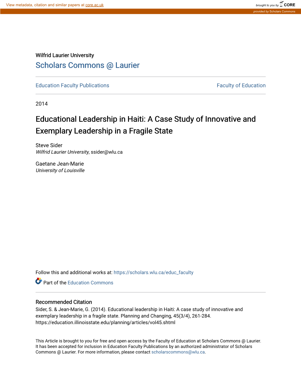 Educational Leadership in Haiti: a Case Study of Innovative and Exemplary Leadership in a Fragile State